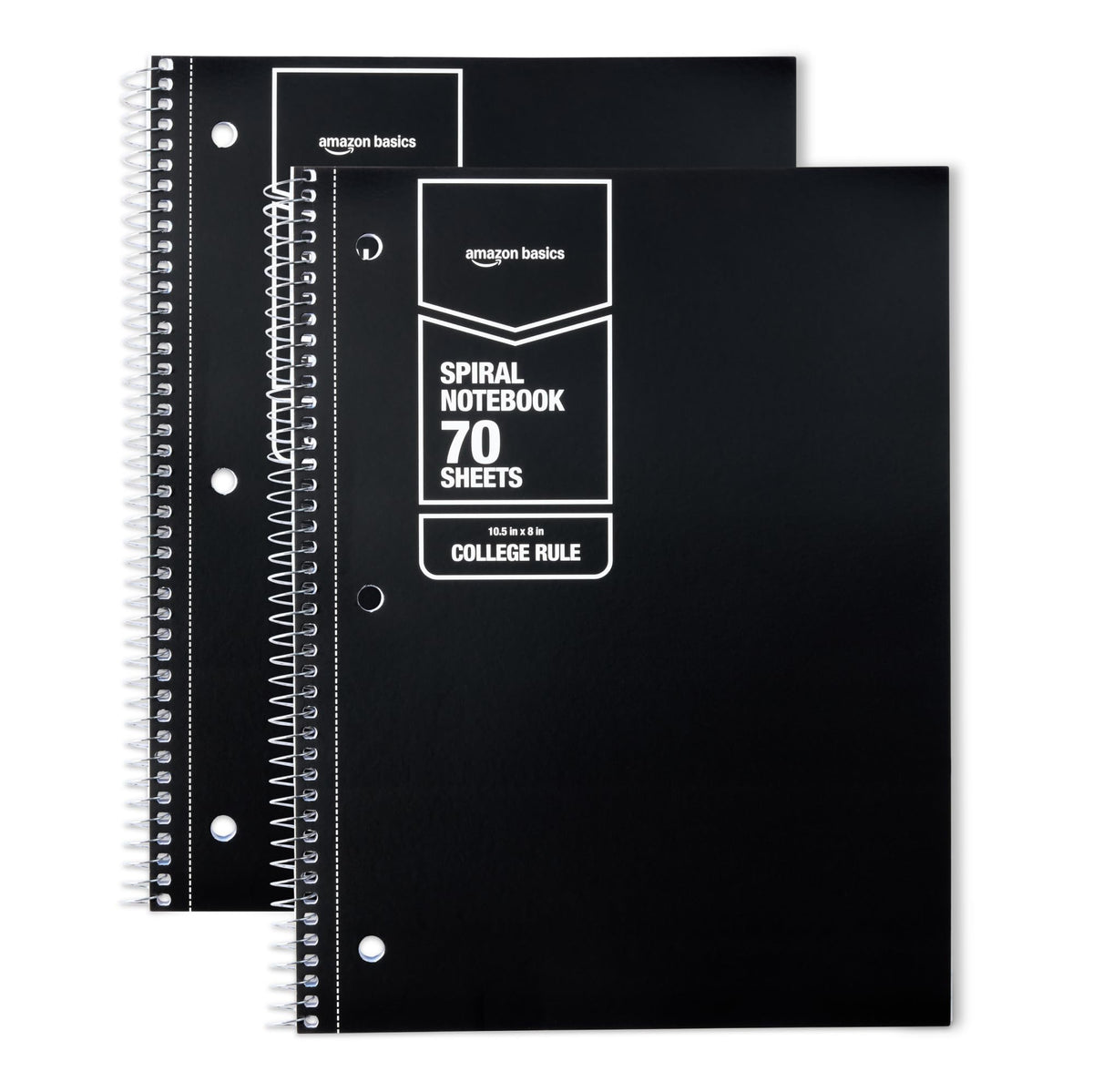 Amazon Basics Wide-Ruled Spiral Notebooks, 8" x 10-1/2", 70 Sheets, Black, 2-Pack