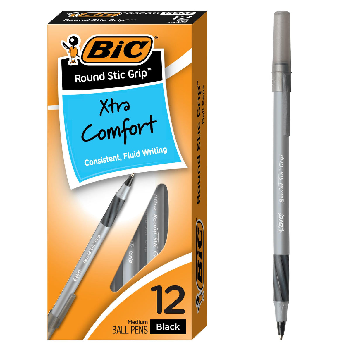BIC Round Stic Grip Xtra Comfort Black Ballpoint Pens, 12-Count Pack