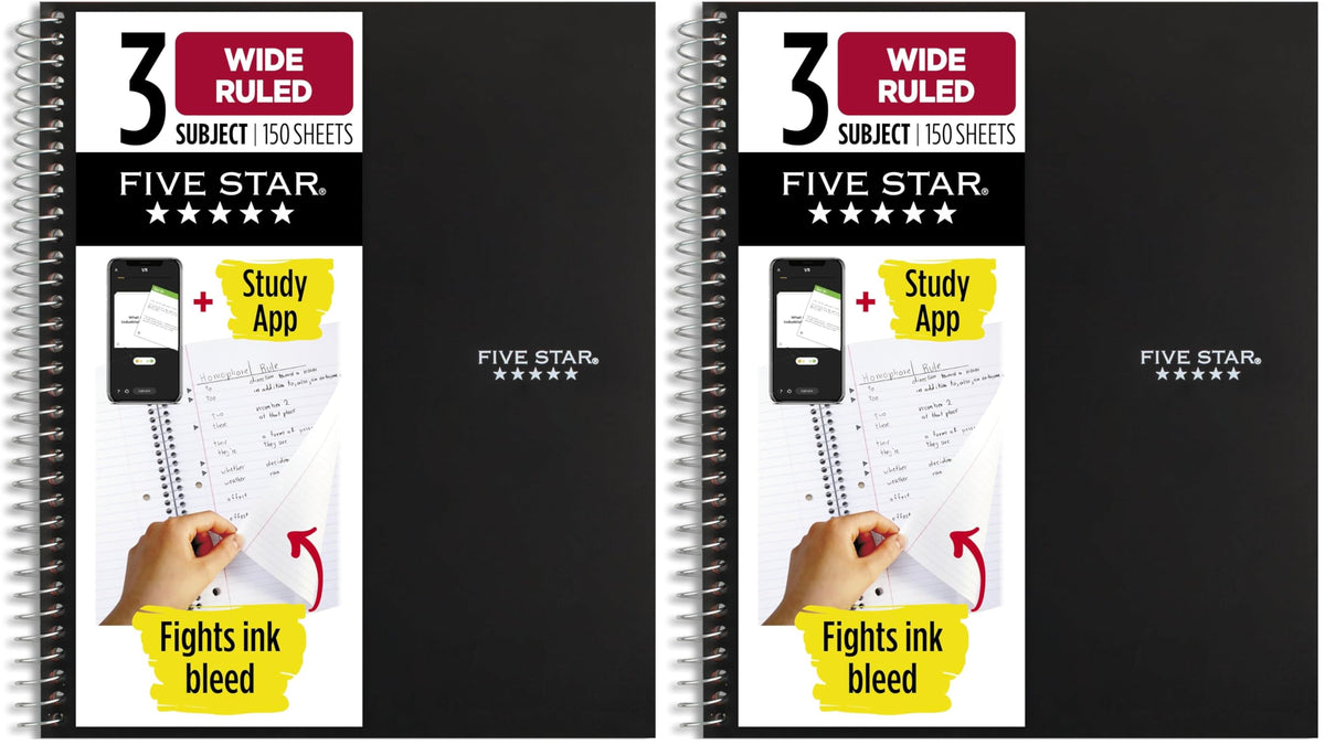 Five Star Spiral Notebook + Study App, 3 Subject, Wide Ruled Paper, 10-1/2" x 8", 150 Sheets, Red (72029)