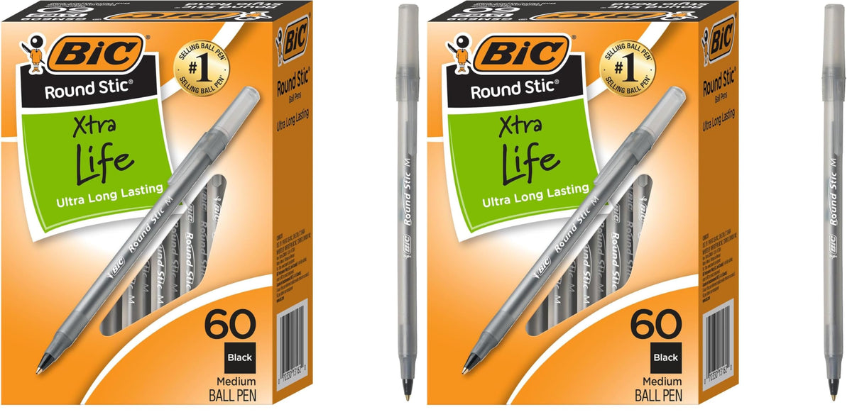 BIC Round Stic Xtra Life Ballpoint Pen, Ultra Long Lasting and Consistent Ink Flow, 60-Count in Black Ink