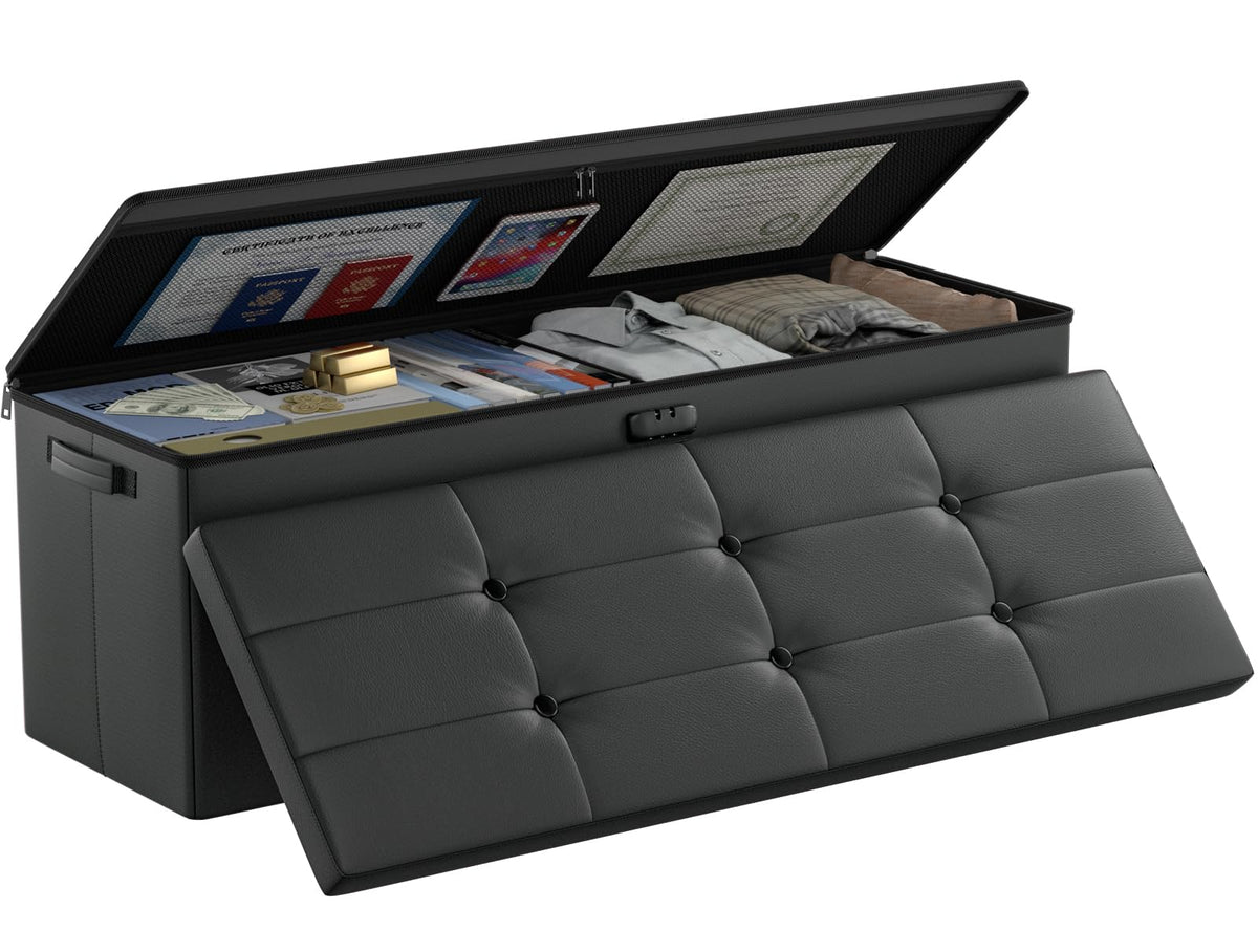 DocSafe Storage Ottoman with Lock,Fireproof Folding Ottoman Foot Rest Stool Storage Chest with Storage Safe for Important Documents,Waterproof 17 Inches Short Ottoman Foot Stool with Handles,Black