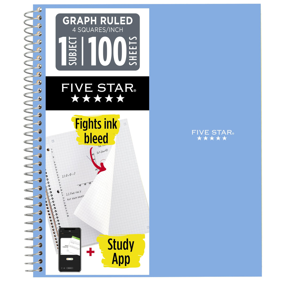 Five Star Spiral Notebook + Study App, 1 Subject, Graph Ruled Paper, 8-1/2" x 11", 100 Sheets, Fights Ink Bleed, Water Resistant Cover, Tidewater Blue (06190AA4)