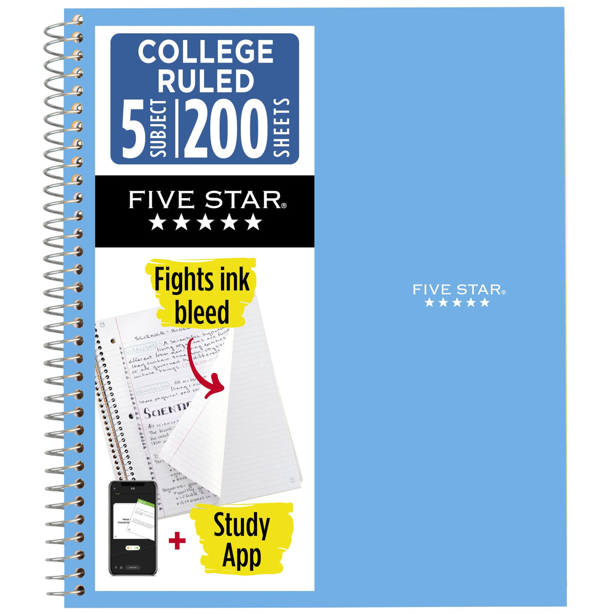 Five Star Spiral Notebook + Study App, 5 Subject, College Ruled Paper, 8.5" x 11", 200 Sheets, Green (Color May Vary) (72079)