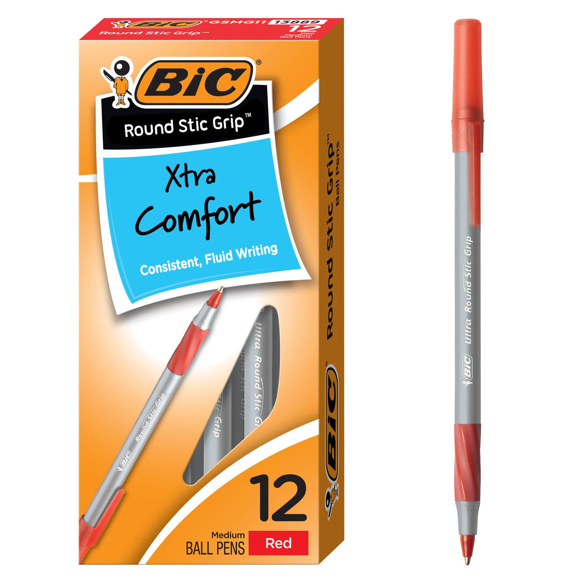 BIC Round Stic Grip Xtra Comfort Black Ballpoint Pens, 12-Count Pack