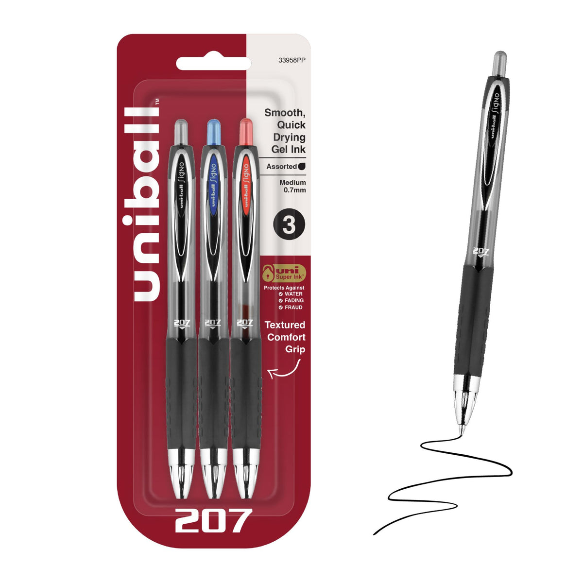 uniball™ 207 Gel Pens, Black Ink, 0.7mm Medium Point, Retractable, 4 Count