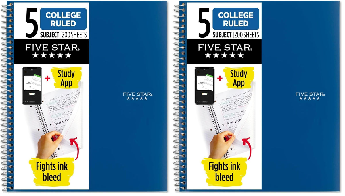 Five Star Spiral Notebook + Study App, 5 Subject, College Ruled Paper, 8-1/2" x 11", 200 Sheets, Fights Ink Bleed, Water Resistant Cover, Pacific Blue (73635)