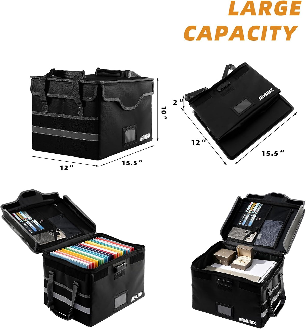File Box with Lock, Fireproof Document Organizer Box with Lid & Handle, Portable Important File Folder Organizer, Collapsible Filing Storage Box for Home, Office & Travel