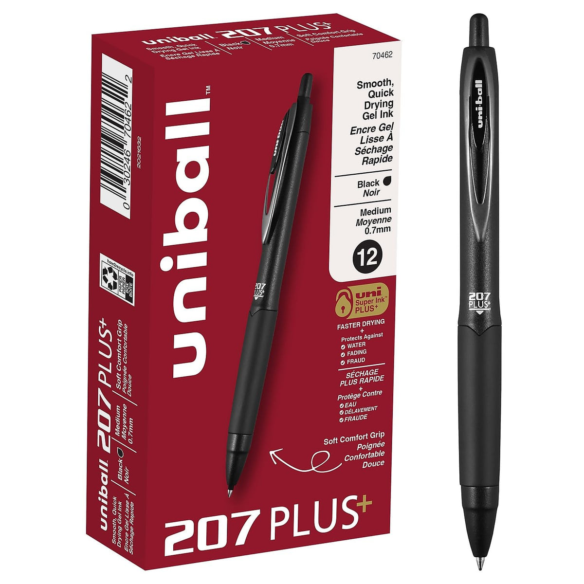 uniball™ 207 Gel Pens, Black Ink, 0.5mm Micro Point, Retractable, 12 Count