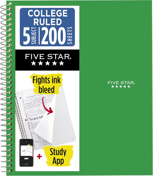 Five Star Spiral Notebook + Study App, 5 Subject, College Ruled Paper, 8.5" x 11", 200 Sheets, Green (Color May Vary) (72079)