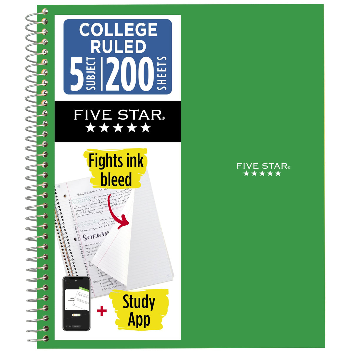 Five Star Spiral Notebook + Study App, 5 Subject, College Ruled Paper, 8.5" x 11", 200 Sheets, Green (Color May Vary) (72079)