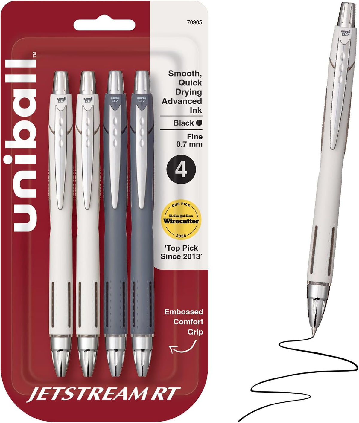 uniball™ Jetstream RT Ballpoint Pens, Black Ink, 0.7mm Fine Point, 4 Count