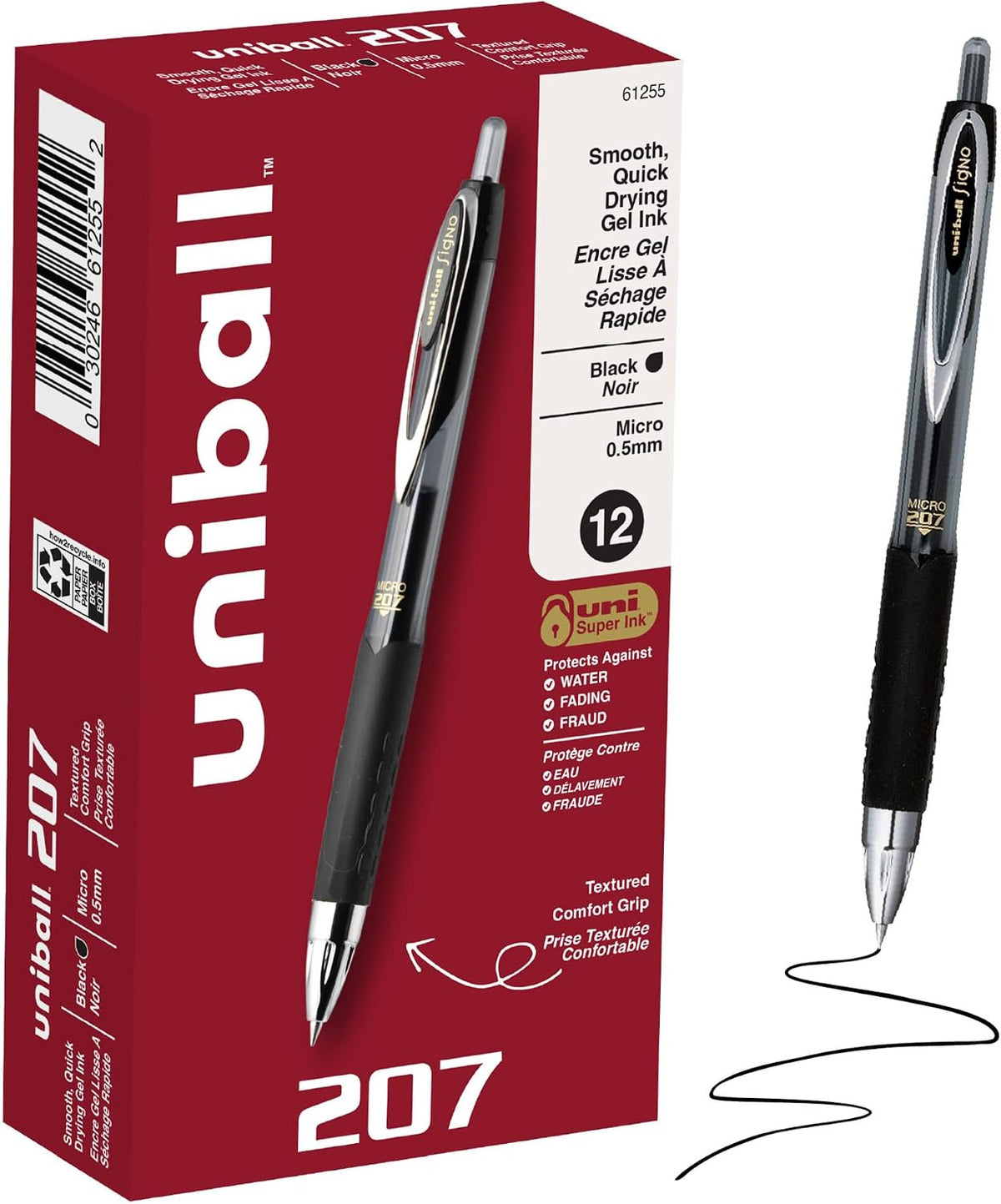 uniball™ 207 Gel Pens, Black Ink, 0.5mm Micro Point, Retractable, 12 Count