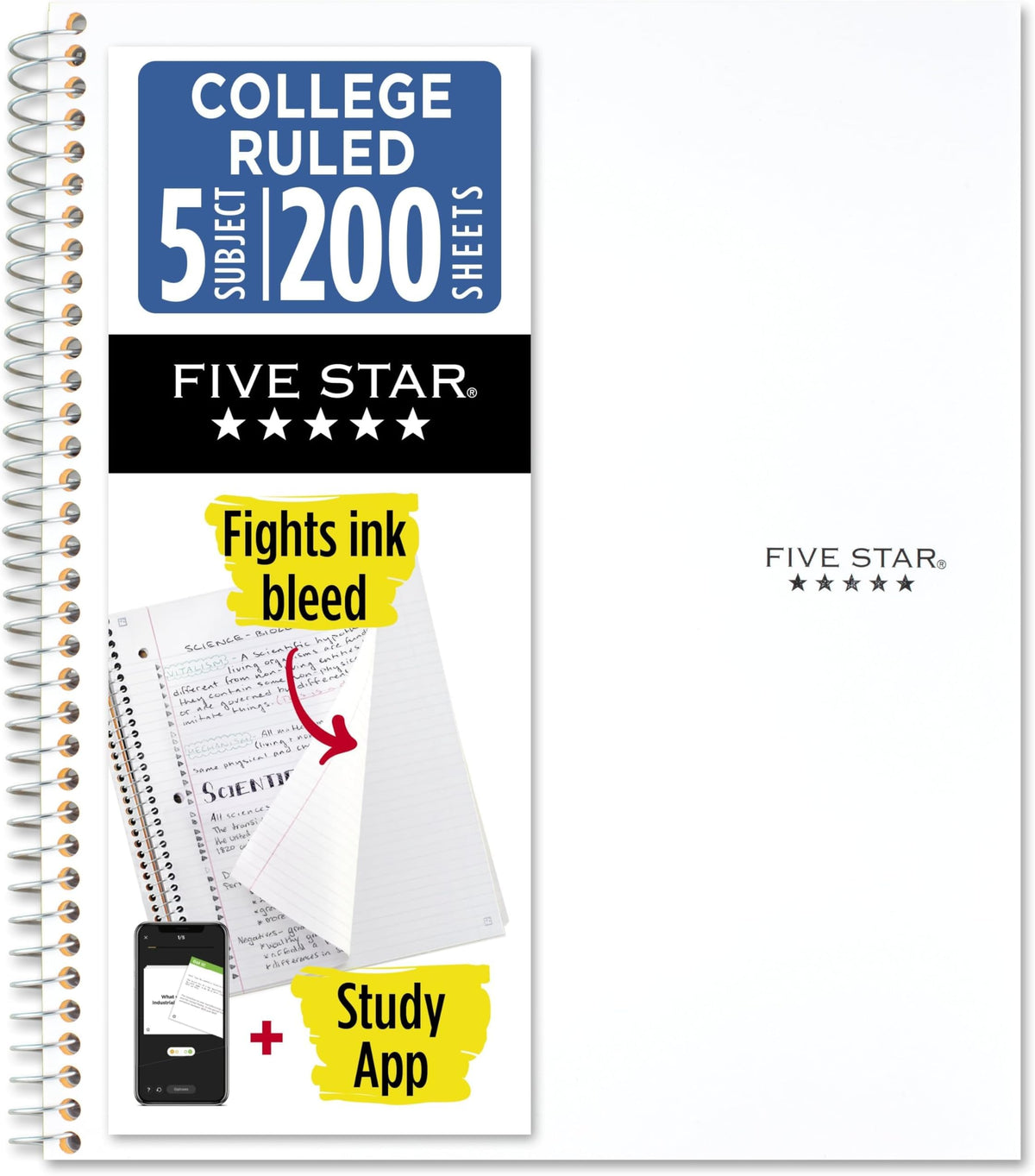 Five Star Spiral Notebook + Study App, 5 Subject, College Ruled Paper, 8-1/2" x 11", 200 Sheets, Fights Ink Bleed, Water Resistant Cover, Pacific Blue (73635)