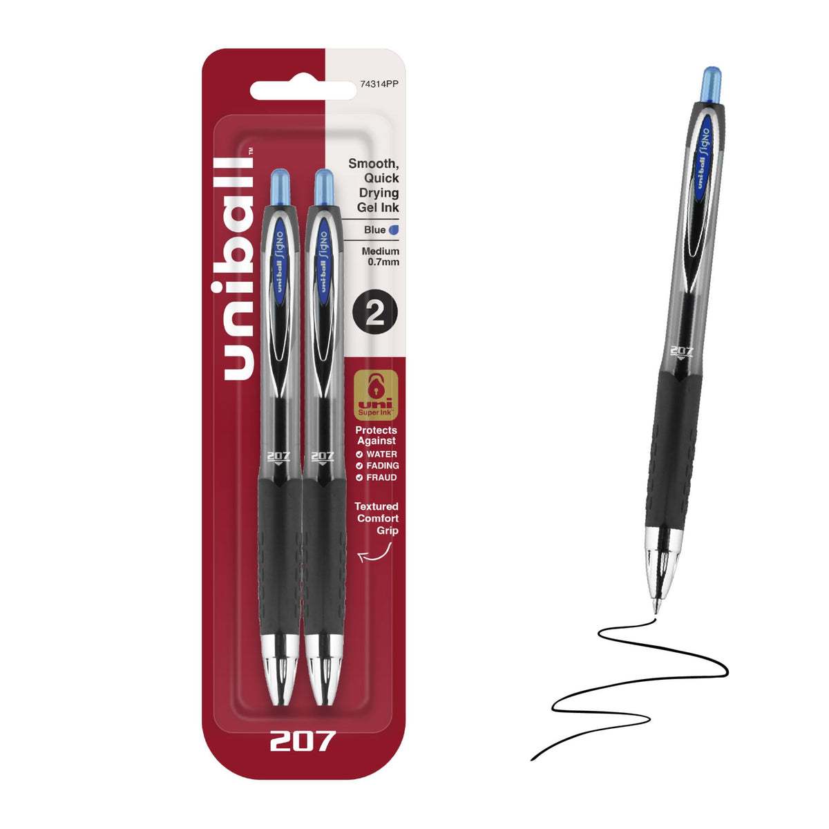 uniball™ 207 Gel Pens, Black Ink, 0.7mm Medium Point, Retractable, 4 Count