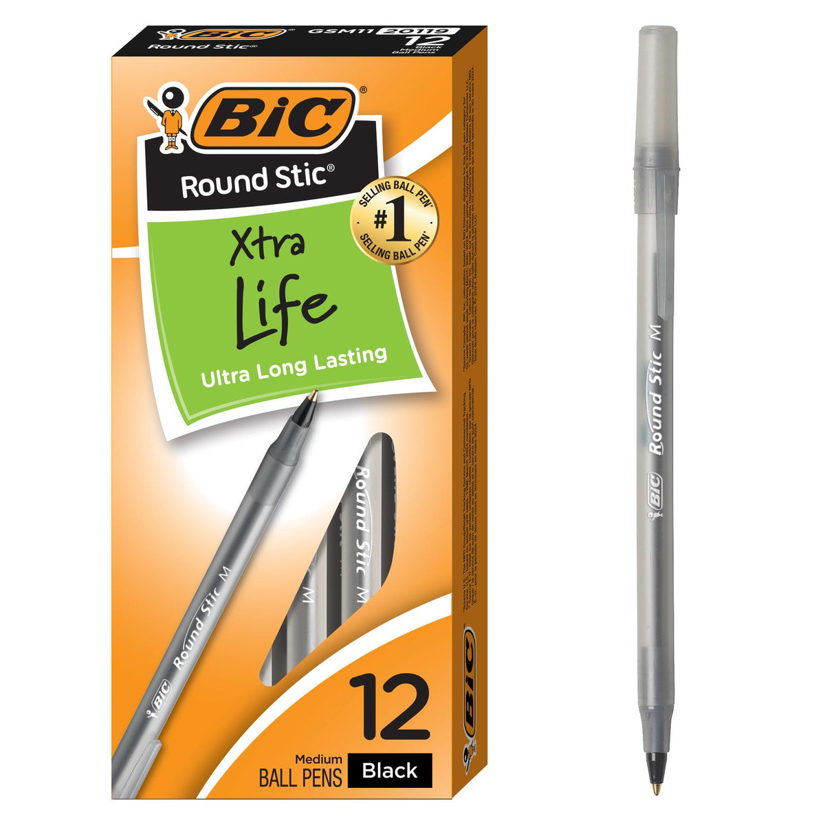 BIC Round Stic Ball Pen, Fine Point, 0.8mm, Black, 12 Pens (GSF11-Blk)