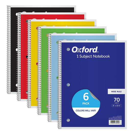Oxford Spiral Notebook, 6 Pack, 1 Subject, Wide Ruled Paper, Notebooks for School, 8 x 10.5 Inches, 70 Sheets, Assorted Colors, Back to School Supplies (65010)