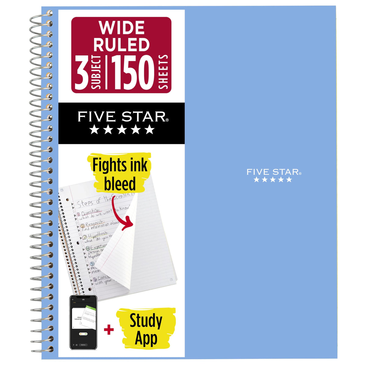 Five Star Spiral Notebook + Study App, 3 Subject, Wide Ruled Paper, 10-1/2" x 8", 150 Sheets, Red (72029)