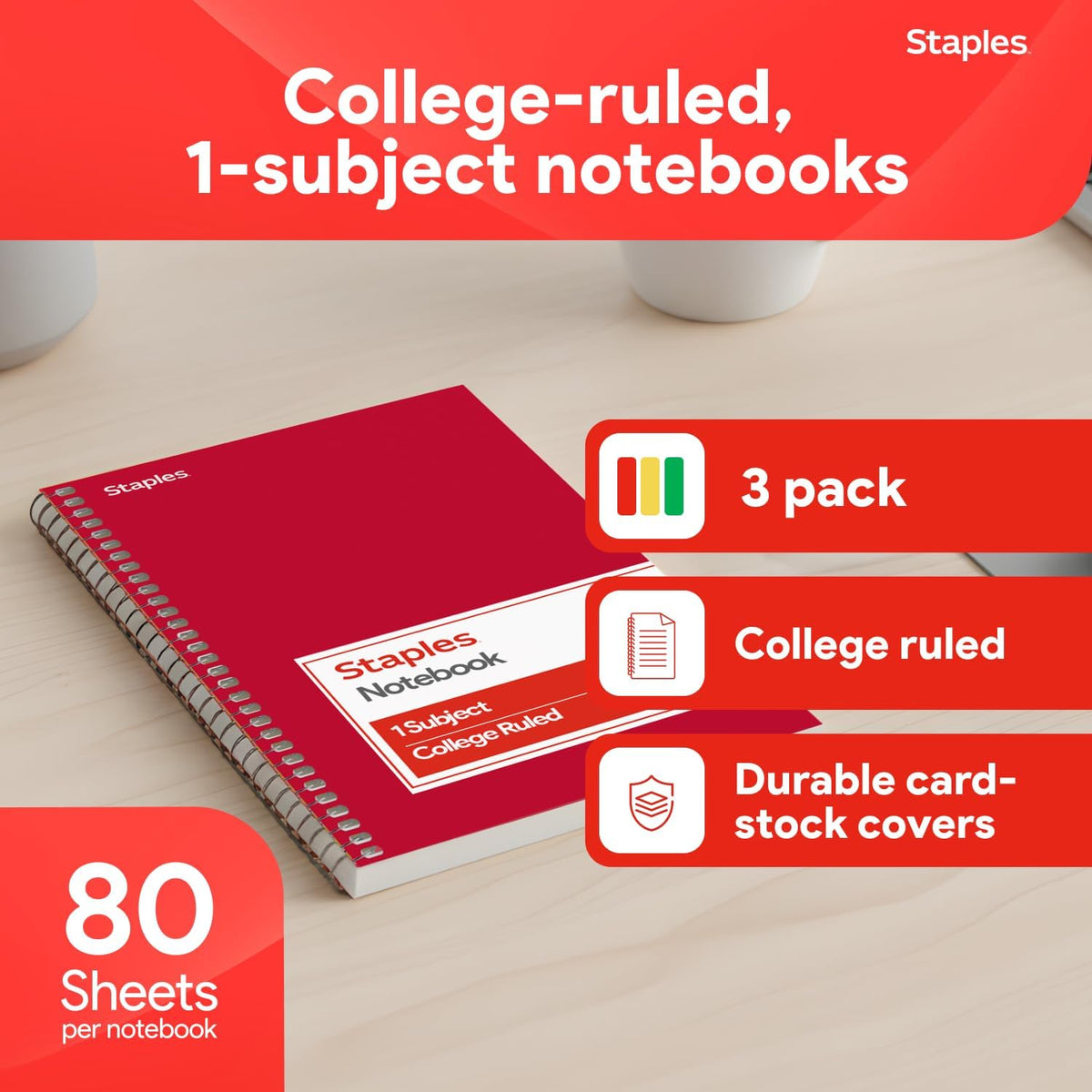 Staples 1-Subject Spiral Notebook, College Ruled, 80 Sheets, 3-Pk