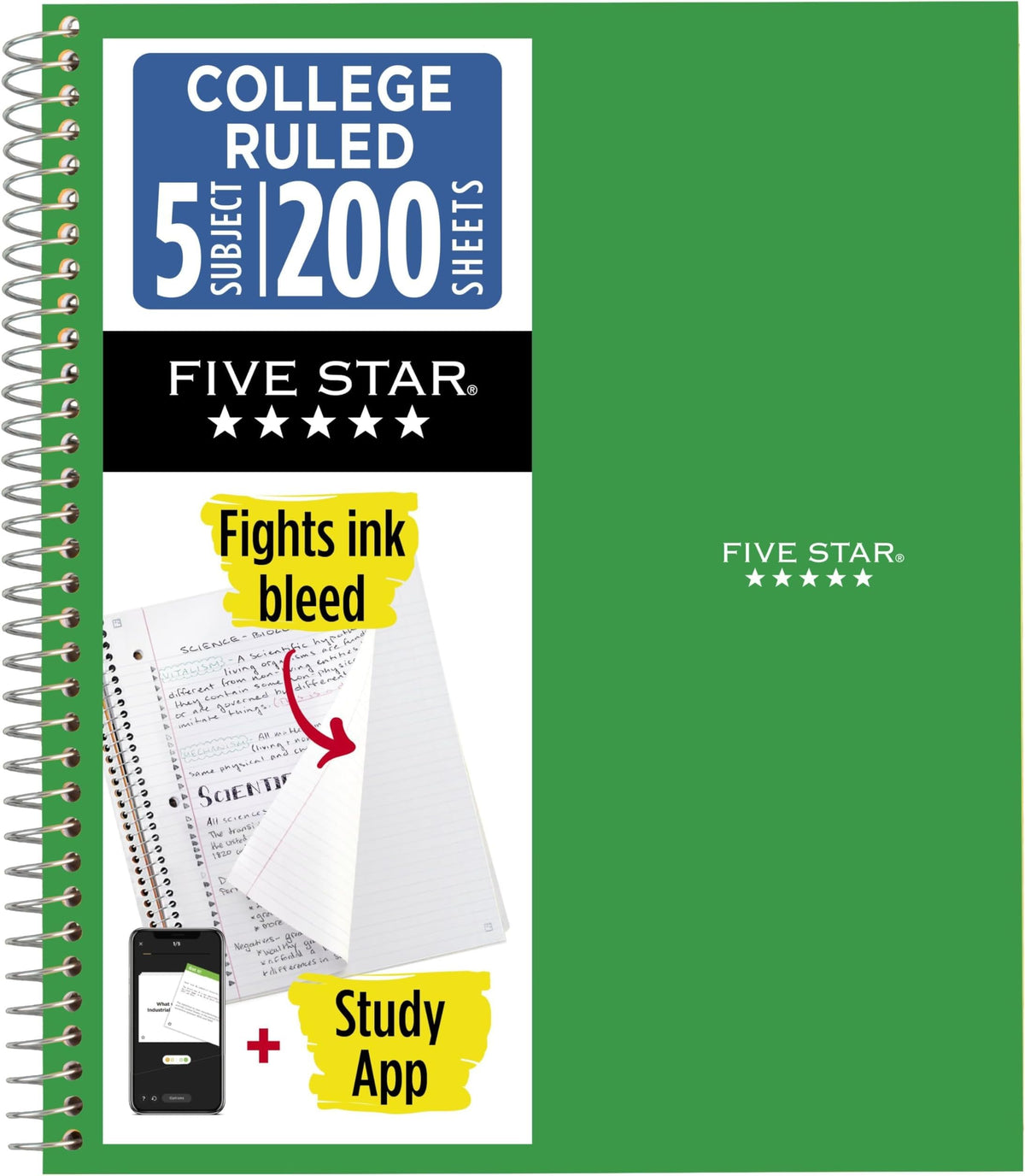 Five Star Spiral Notebook + Study App, 5 Subject, College Ruled Paper, 8-1/2" x 11", 200 Sheets, Fights Ink Bleed, Water Resistant Cover, Pacific Blue (73635)