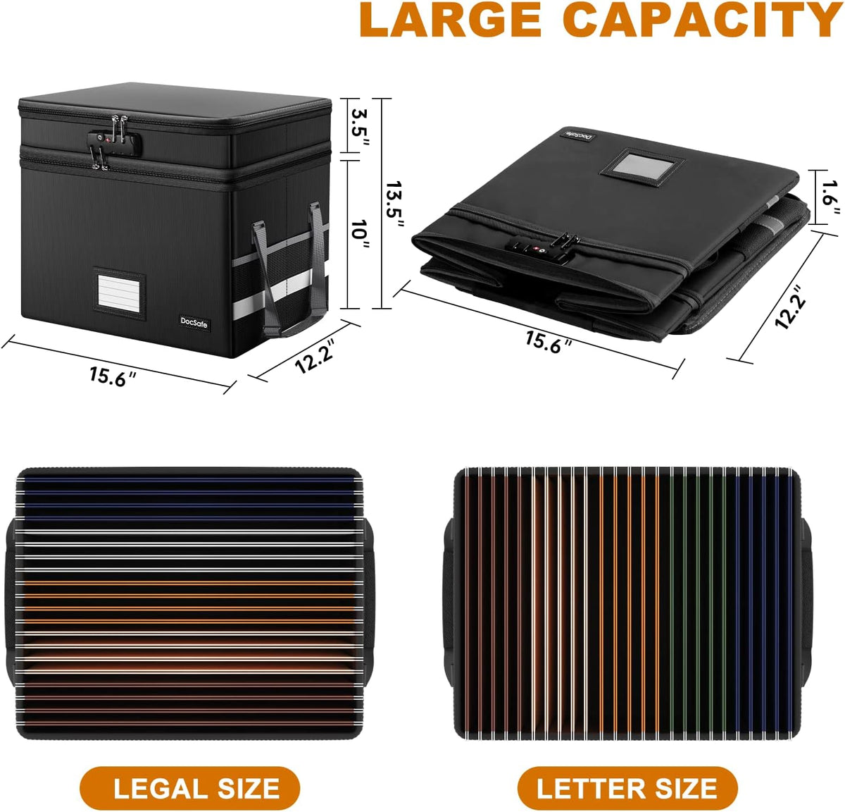 DocSafe File Box with Lock,Multi-Layer Fireproof Document Box Collapsible File Storage Organizer with Pockets/Handle,Large Portable Home Office Filing Safe for Hanging Letter/Legal Size Folders,Black