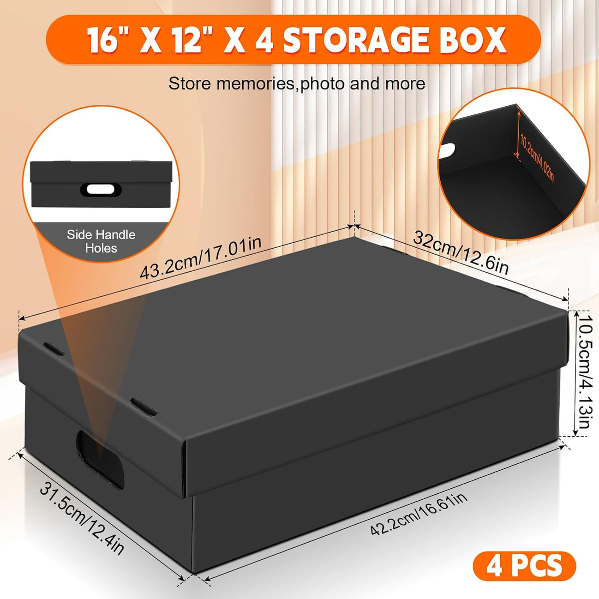 AOBOPLE 4 Pack Photo Storage Box,16" x 12" x 4" Keepsake Box with Handle Holes,Protective Storage Box for Photos Pictures Documents Artwork DIY and Souvenir,Home and Office Organizer