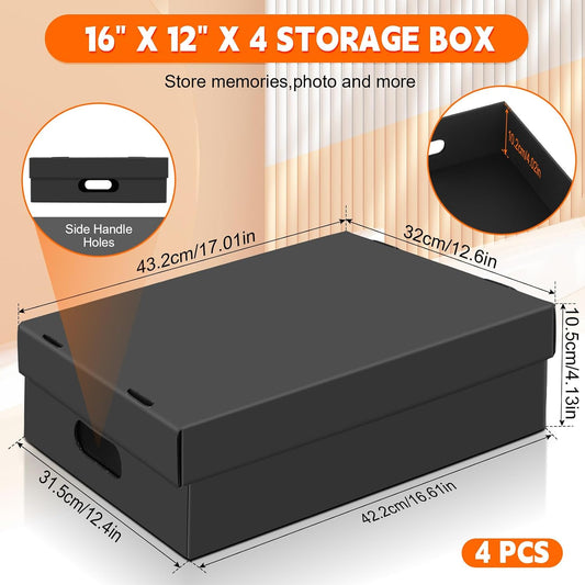 AOBOPLE 4 Pack Photo Storage Box,16" x 12" x 4" Keepsake Box with Handle Holes,Protective Storage Box for Photos Pictures Documents Artwork DIY and Souvenir,Home and Office Organizer