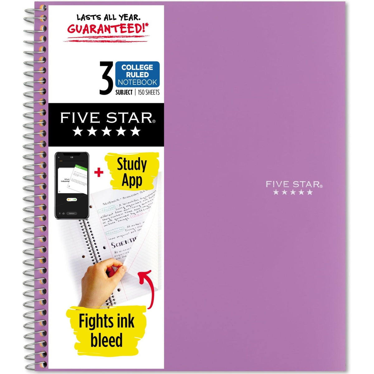 Five Star Spiral Notebook + Study App, 3 Subject, College Ruled Paper, 8-1/2" x 11", 150 Sheets, Fights Ink Bleed, Water Resistant Cover, White (72464)