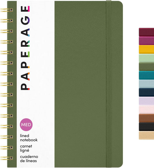 PAPERAGE Lined Spiral Journal Notebook, (Olive Green), 160 Pages, Hardcover Journal for Women & Men, Medium 5.5 in x 8 in - 100 GSM, Thick Paper, Spiral Notebook for Work, School & Journaling