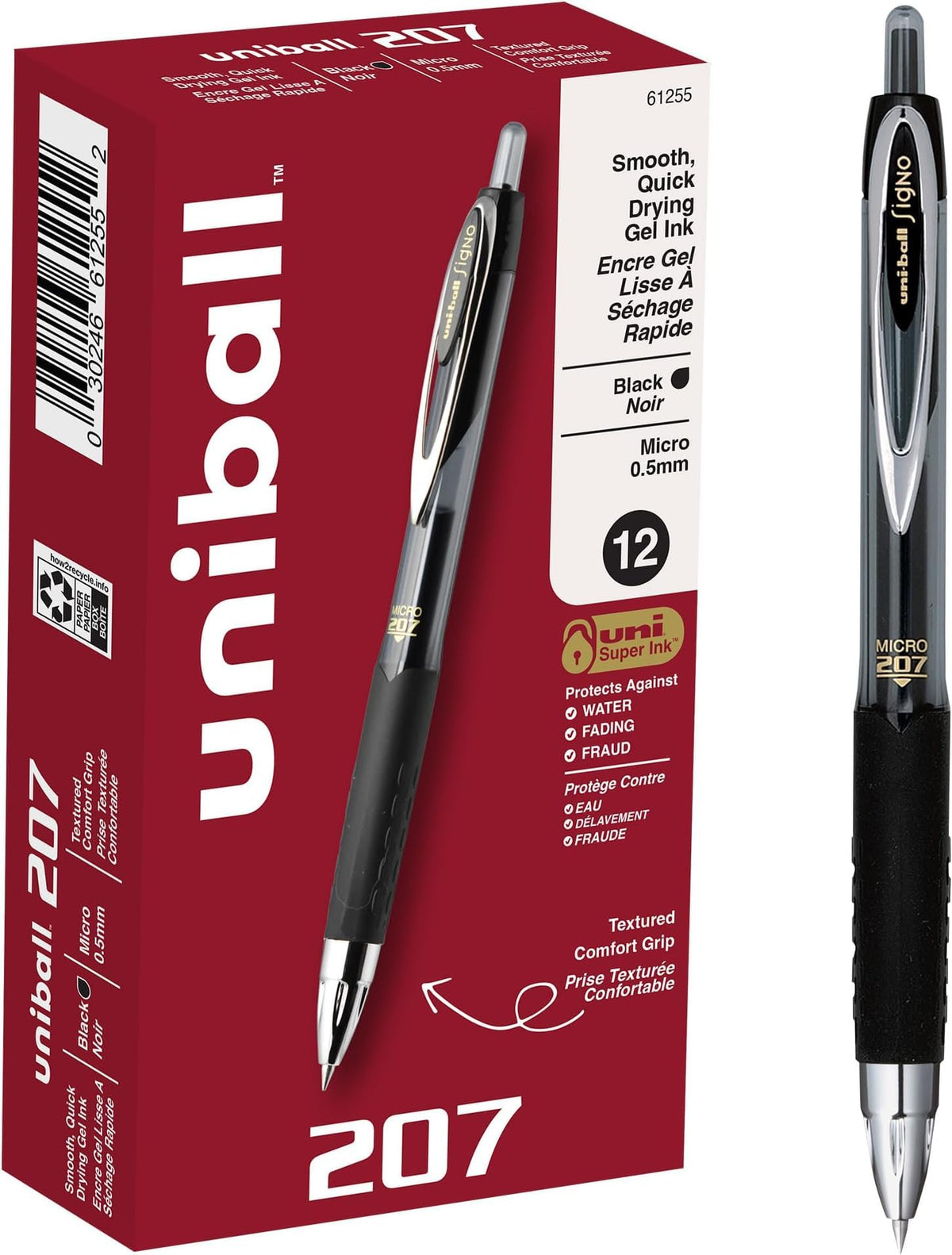uniball™ 207 Gel Pens, Black Ink, 0.5mm Micro Point, Retractable, 12 Count