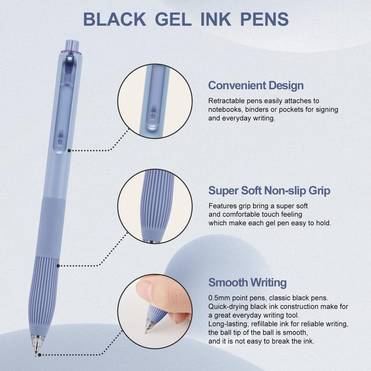 Linbsunne Gel Pens, 0.5mm Black Ink Pens Quick Dry, 12-count