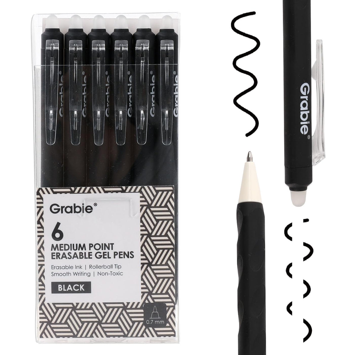 Grabie Erasable Gel Pens, 6 Pack Black Blue Red 0.7 mm Medium Point
