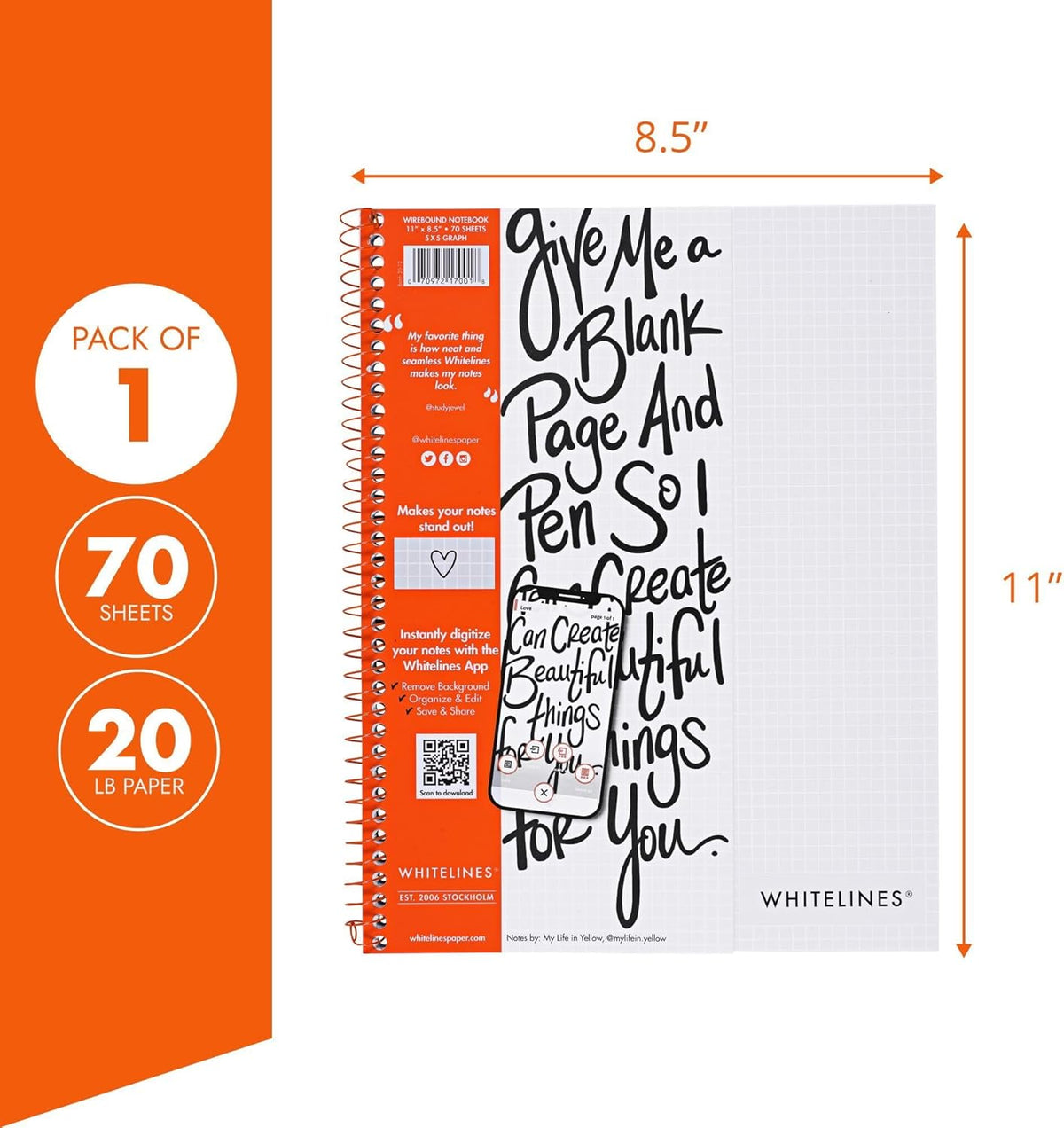 ROARING SPRING Whitelines Spiral Graph Ruled Notebook, Digitally Download Your Notes with FREE App, Premium Gray Paper, 11" x 8.5" 70 Sheets