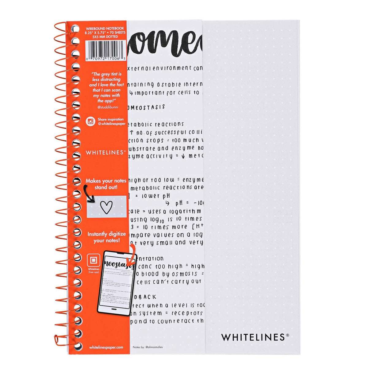 ROARING SPRING Whitelines Spiral Graph Ruled Notebook, Digitally Download Your Notes with FREE App, Premium Gray Paper, 11" x 8.5" 70 Sheets