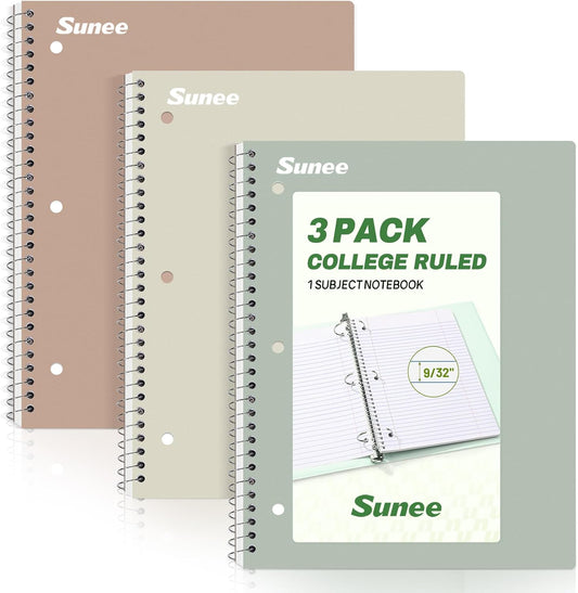 SUNEE Spiral Notebooks, 3 Pack, 1-Subject, College Ruled Paper, 8" x 10-1/2", 70 Sheets per Notebook, Assorted Aesthetic Colors Spiral Notebooks for School