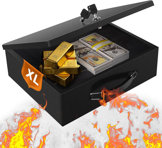 Fireproof Document Box with Key Lock – Fire Resistant Safe Box for Home, Portable Lock Box for Personal Items, Passport, Cash, Tablet, 13.2" x 11" x 4.13" Black XL