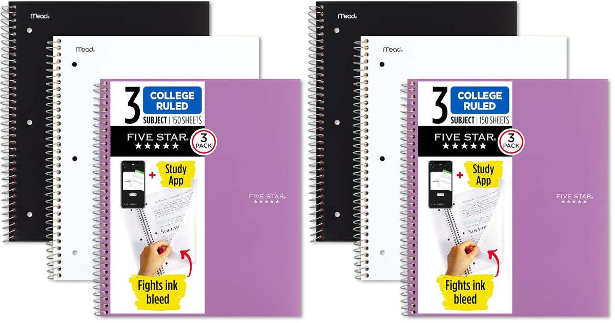 Five Star Spiral Notebook + Study App, 3 Pack, 3 Subject, College Ruled Paper, Fights Ink Bleed, Water Resistant Cover, 8-1/2" x 11", 150 Sheets, Green, Red, Blue (820193)