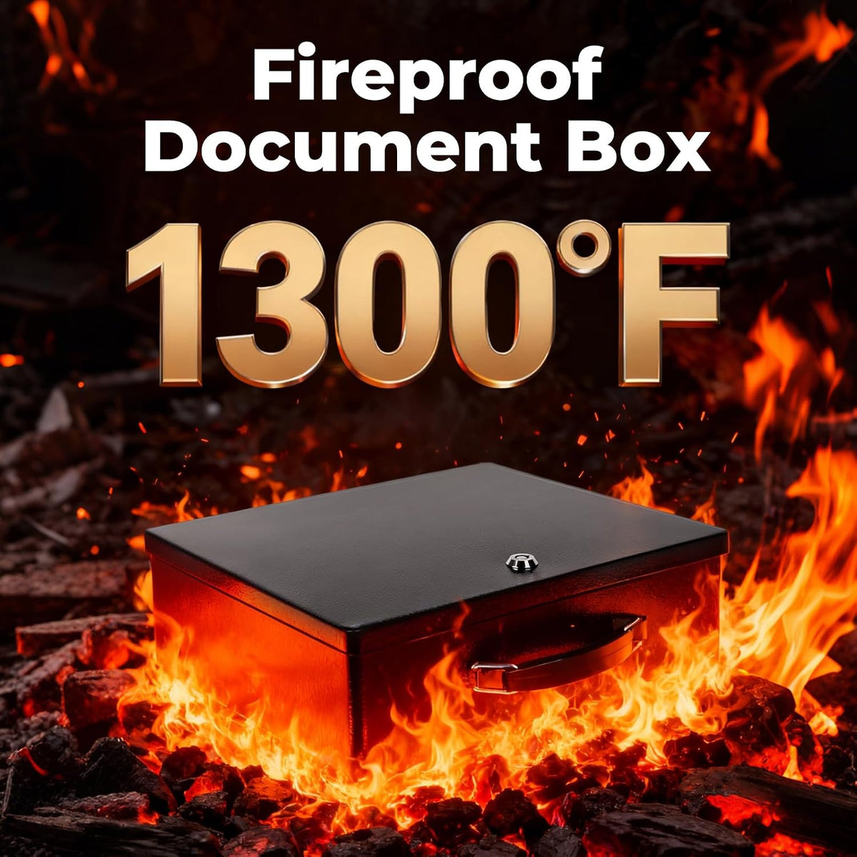 Fireproof Document Box with Key Lock – Fire Resistant Safe Box for Home, Portable Lock Box for Personal Items, Passport, Cash, Tablet, 13.2" x 11" x 4.13" Black XL