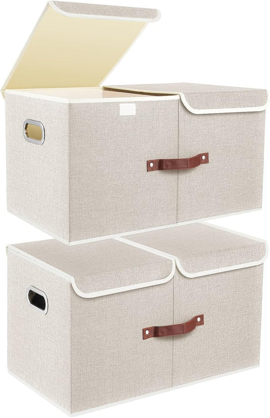 TYEERS Extra Large Collapsible Storage Bins with Lids and Compartments, Washable, Fabric Storage Boxes, 21.7x13x11.8 inches, 2 Pack, Beige