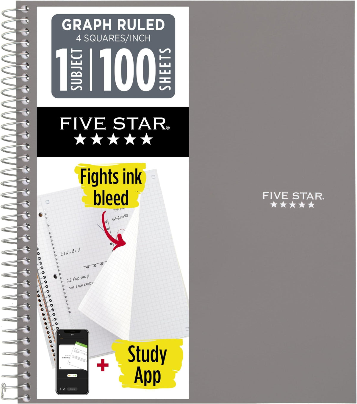 Five Star Spiral Notebook + Study App, 1 Subject, Graph Ruled Paper, 8-1/2" x 11", 100 Sheets, Fights Ink Bleed, Water Resistant Cover, Tidewater Blue (06190AA4)