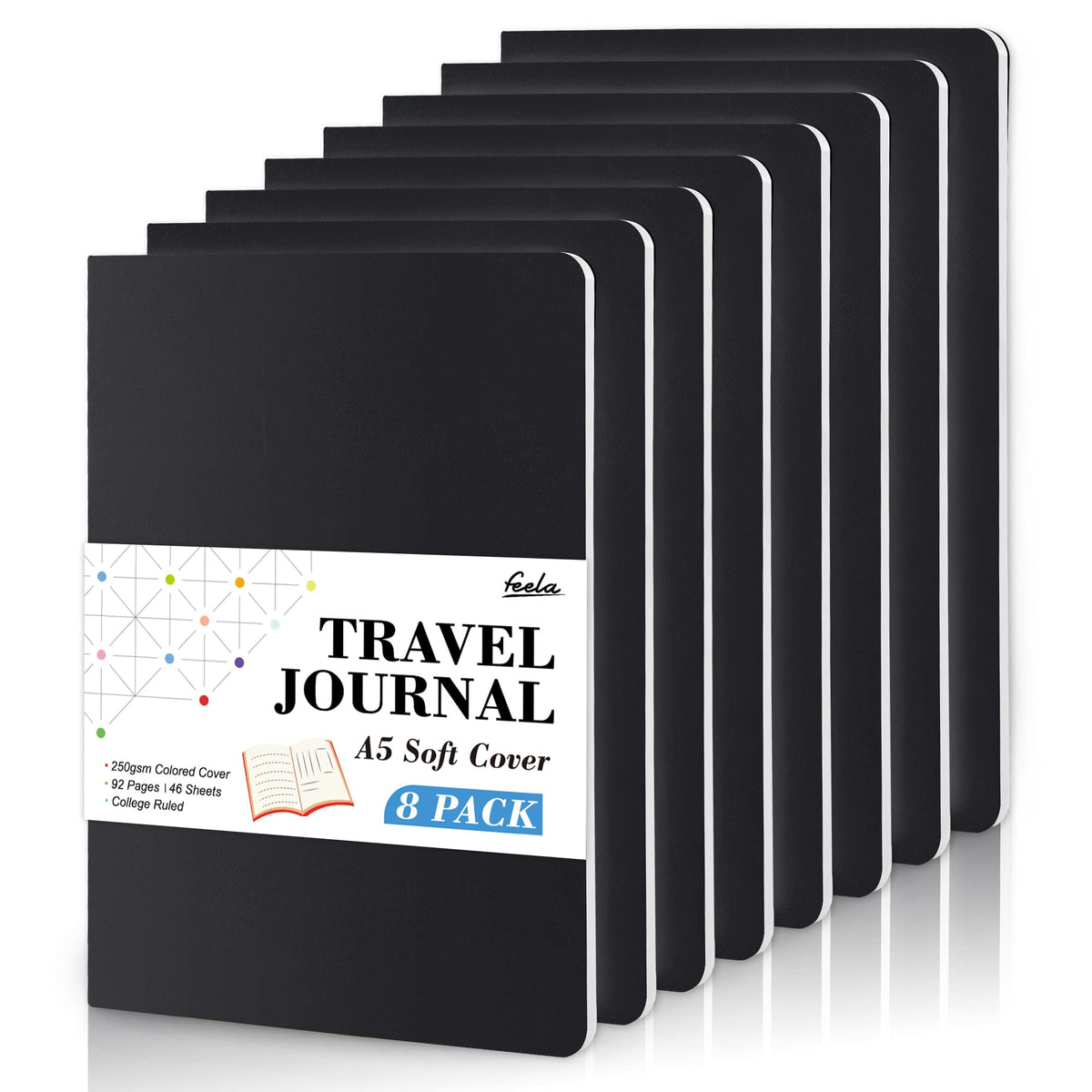 8 Pack Soft Cover Journal Bulk, Feela Notebooks College Ruled for Work, Lined Travel Journal for Women Men, Note Taking Notebook School Supplies Business Writing, 8.2” x 5.5”, A5, Black