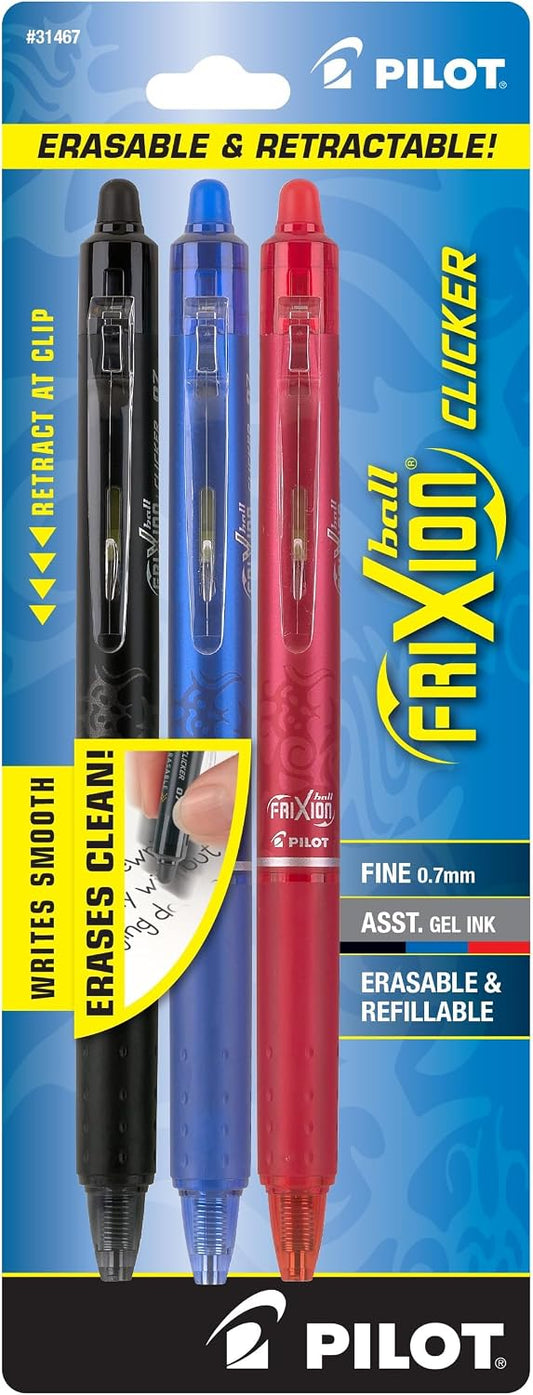 PILOT FriXion Clicker Gel Ink Pens 0.7mm, Assorted Colors, 3-Pack