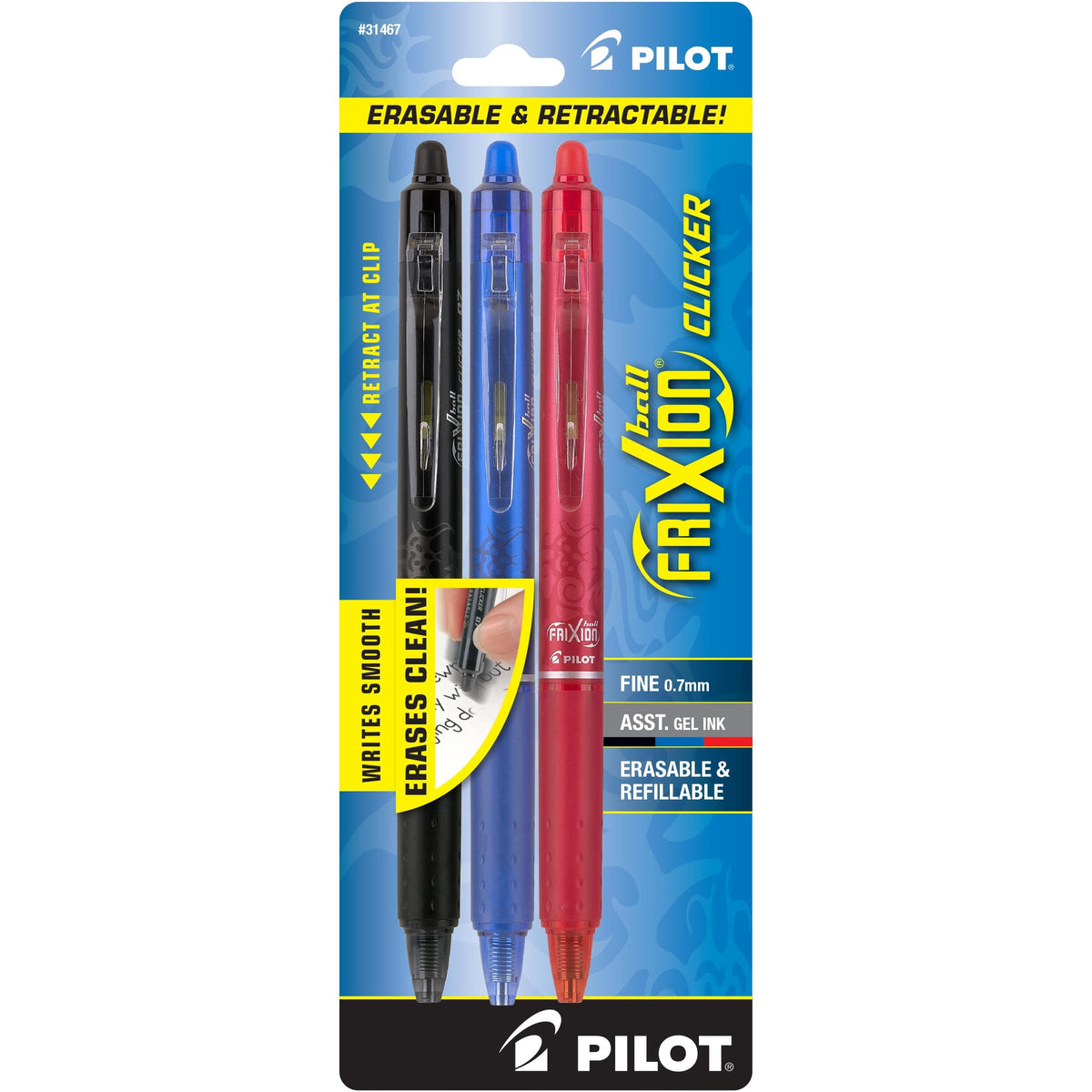 PILOT FriXion Clicker Erasable Pens, Fine Point 0.7 mm, Black Ink, 3-Pack