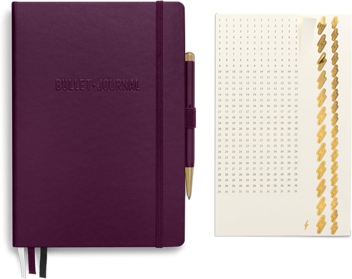LEUCHTTURM1917 The Official Bullet Journal Edition 2 - Notebook Built for BuJo, Medium A5 204 Pages of 120gsm Paper, with Bujo Pocket Guide (Purple26)