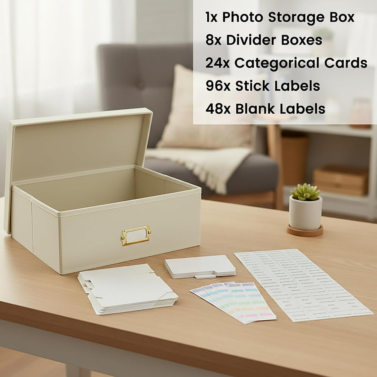 Linen Photo Storage & Keepsakes Box with Dividers for Cards & Photos