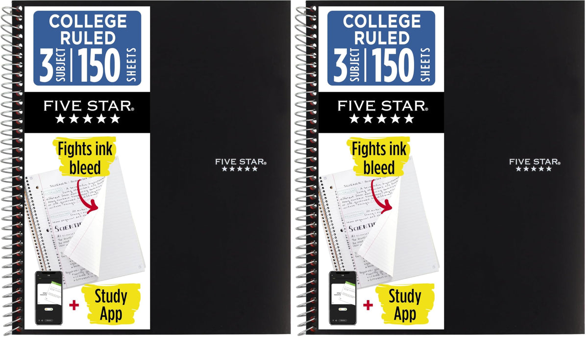 Five Star Spiral Notebook + Study App, 3 Subject, College Ruled Paper, 8-1/2" x 11", 150 Sheets, Fights Ink Bleed, Water Resistant Cover, White (72464)