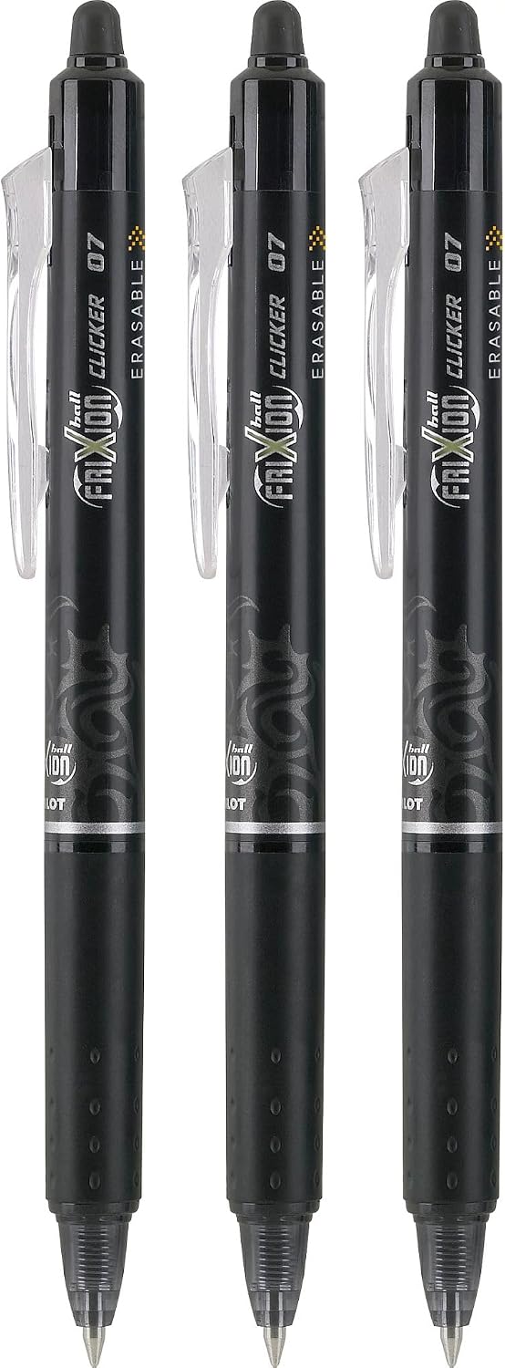 PILOT FriXion Clicker Erasable Pens, Fine Point 0.7 mm, Black Ink, 3-Pack