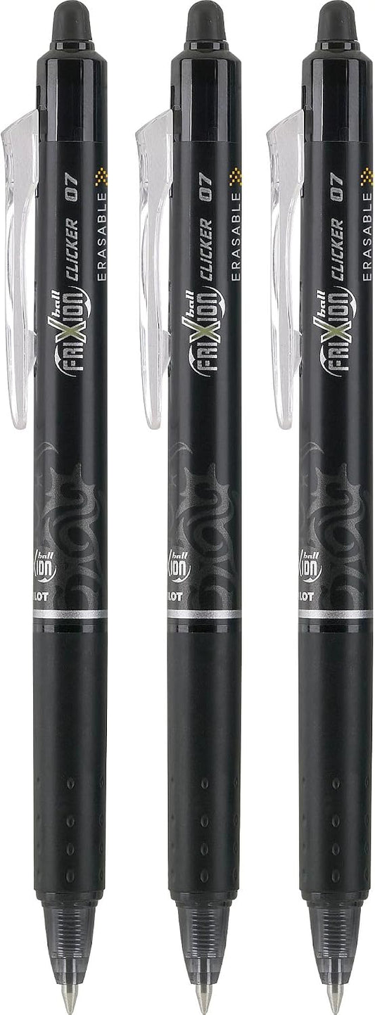 PILOT FriXion Clicker Erasable Pens, Fine Point 0.7 mm, Black Ink, 3-Pack