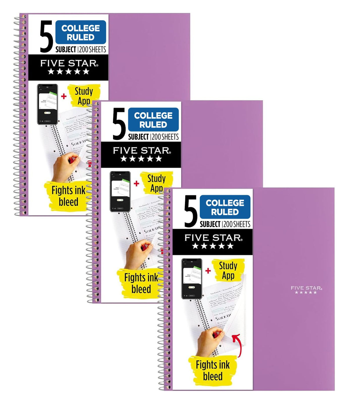 Five Star Spiral Notebook + Study App, 5 Subject, College Ruled Paper, 8-1/2" x 11", 200 Sheets, Fights Ink Bleed, Water Resistant Cover, Amethyst Purple (38748)