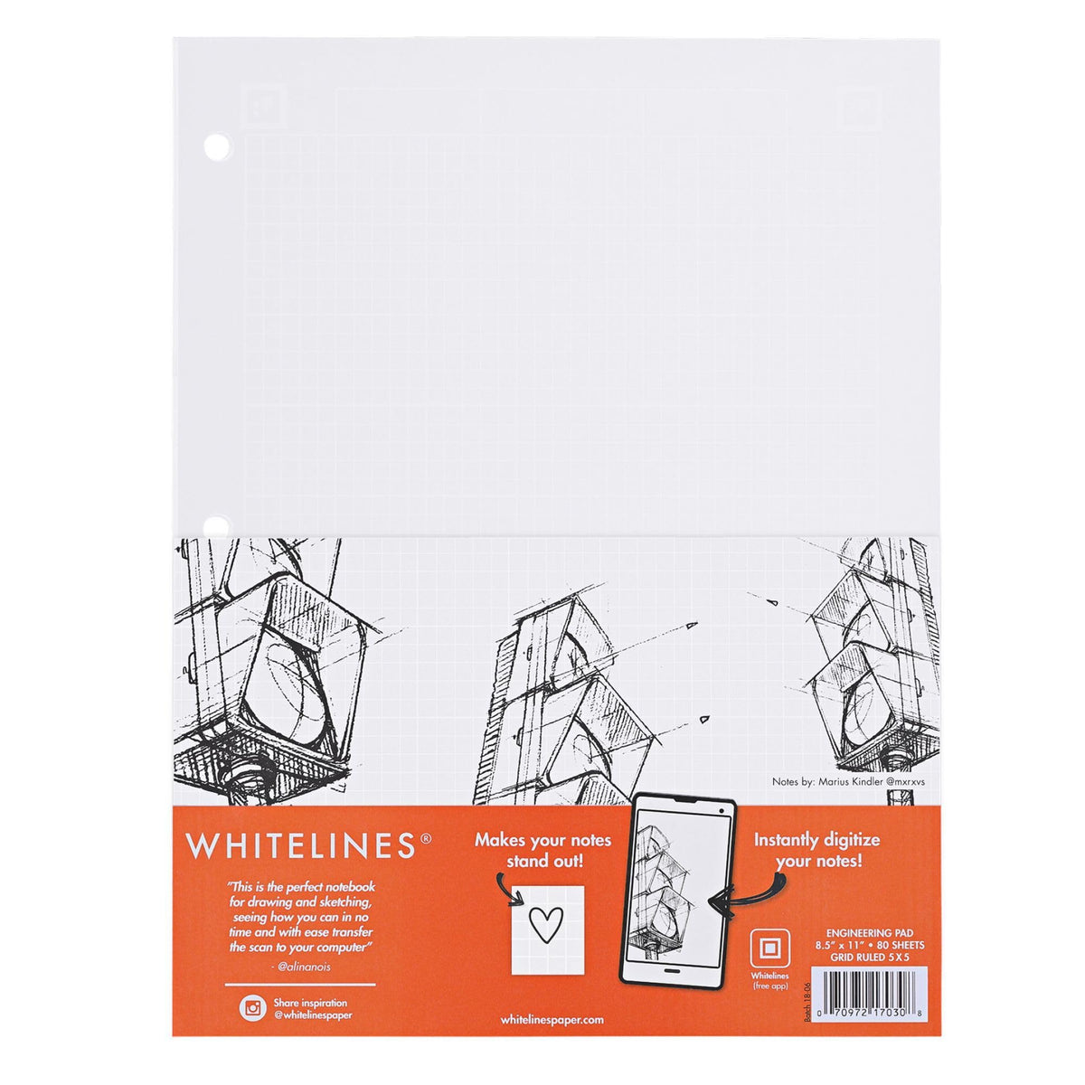 ROARING SPRING Whitelines Spiral Graph Ruled Notebook, Digitally Download Your Notes with FREE App, Premium Gray Paper, 11" x 8.5" 70 Sheets