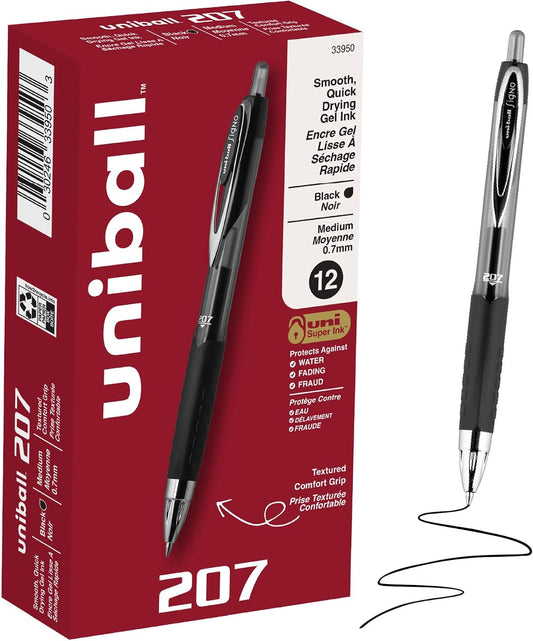 uniball™ 207 Gel Pens, Black Ink, 0.7mm Medium Point, Retractable, 12 Count